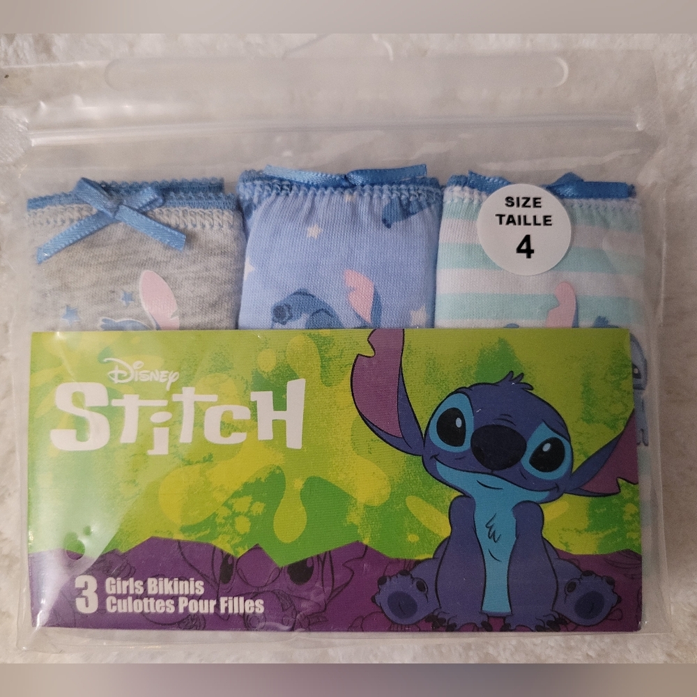 🆕️ Disney Stitch Girls Underwear Pkg of 3 Panties Bikini Briefs Blue Gray Sz 4